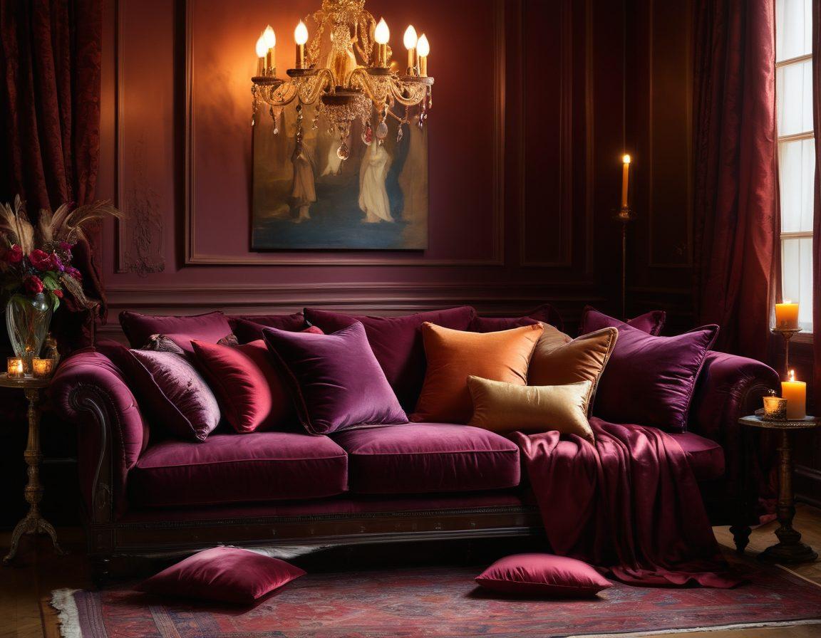 A whimsical and inviting scene featuring a cozy, dimly lit room adorned with plush cushions and soft fabrics. The atmosphere is sensual, highlighted by candles casting warm shadows. Include playful elements like silk ties, feathers, and soft masks subtly placed throughout the setting. The color palette should be rich and inviting, with deep reds, purples, and gold accents. surrealistic, vibrant colors.