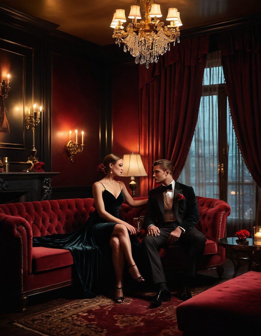 A sultry, dimly lit lounge with velvet curtains, where a confident couple engages in a captivating conversation, exuding chemistry and allure. Soft candlelight flickers, highlighting their intimate expressions, while silhouettes of other couples add depth to the scene. Artistic elements like red roses and playful shadows enhance the seductive atmosphere. elegant, cinematic. warm tones. high detail.
